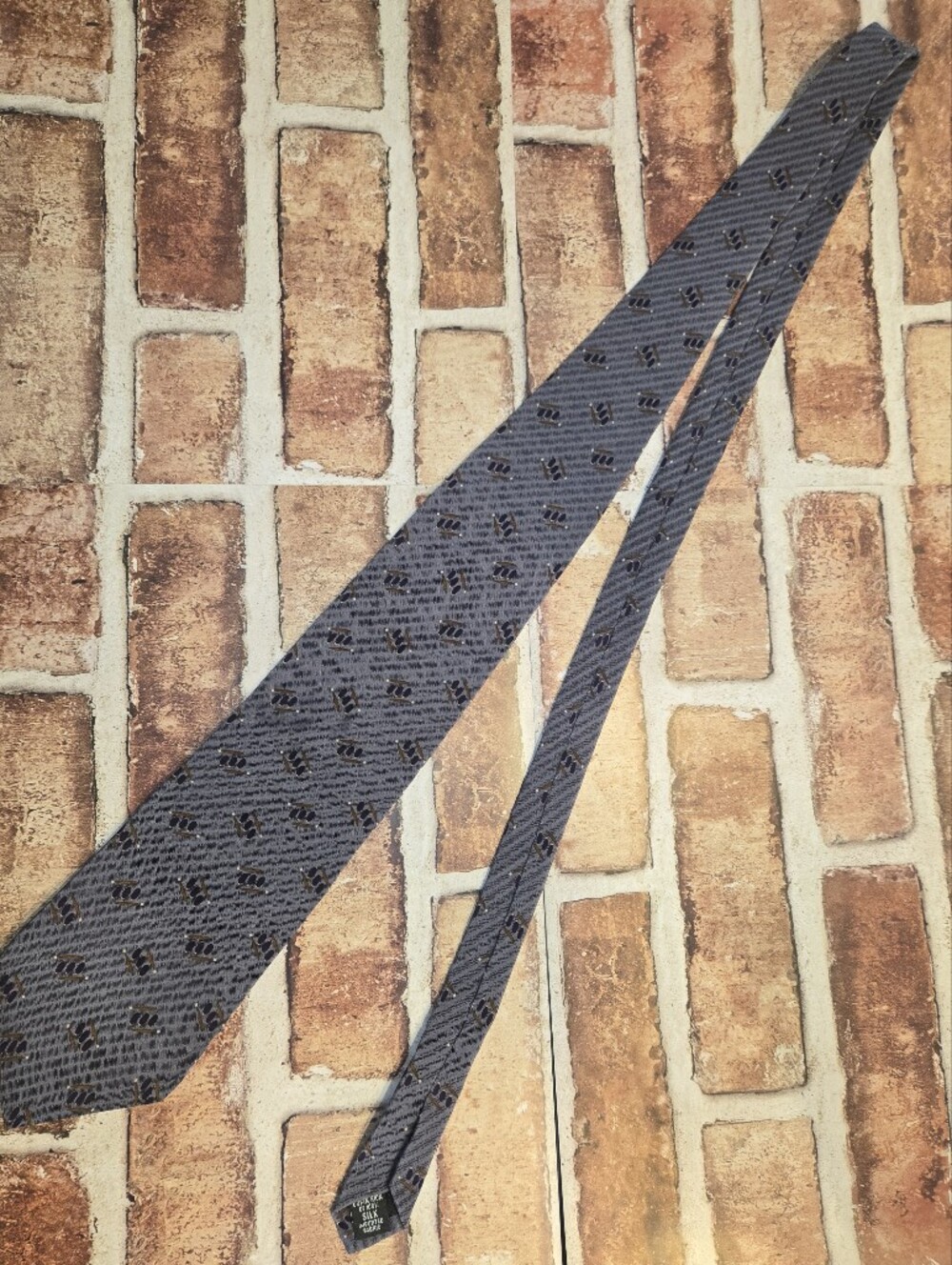Etienne Aigner Gray Striped Silk Tie with Black Accent Motif